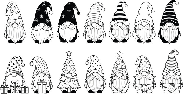 Christmas gnome coloring page, festive cartoon characters, black and white holiday art, cute bearded gnomes, winter printable design