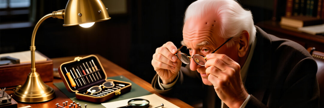 Elderly man fixing glasses while sitting at desk with tools - Powered by Adobe