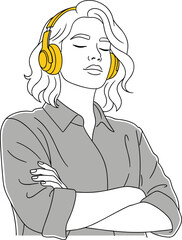 Headphone listener illustration, contemplative pose, yellow headphones accent, line art style, relaxed mood, audio experience vector drawing