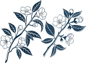 Delicate Botanical Flower Branch Outline Illustration in Classic Blue Tones for Surface Pattern and Decorative Artwork