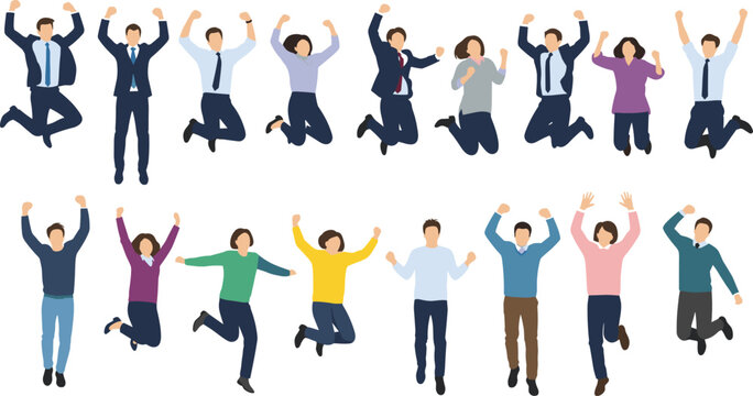 Jumping people illustration, business and casual attire, celebration pose, teamwork success, energetic group, motivation concept, diverse character design