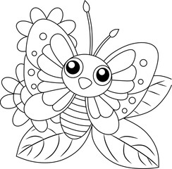 A black and white illustration of a cute butterfly with large wings and flowers behind it. Bold, clean lines make it perfect for kids’ coloring pages.