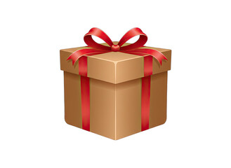 A Brown Gift Box Tied With A Red Ribbon Bow and Strips On A Transparent Background Illuminated With Soft Lighting