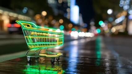Bright neon outline of a shopping cart casting reflections on smooth varnished wood, surrounded by colorful, defocused light trails and urban ambience - Powered by Adobe