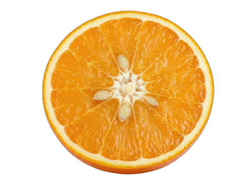A Brightly Lit Close Up Of A Juicy Orange Slice Isolated On A Transparent Black Background Showing Its Texture And Seeds
