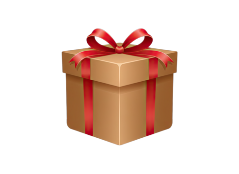 A Brown Gift Box Tied With A Red Ribbon Bow and Strips On A Transparent Background Illuminated With Soft Lighting