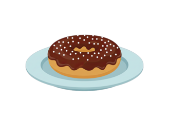 A close-up pixel art illustration of a chocolate-frosted donut topped with white sprinkles on a light blue plate against a black background