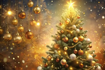 Sparkling christmas tree with ornaments and falling snow