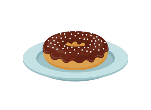 A close-up pixel art illustration of a chocolate-frosted donut topped with white sprinkles on a light blue plate against a black background