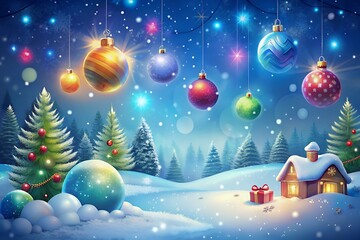 Enchanting winter wonderland christmas scene with ornaments and snow