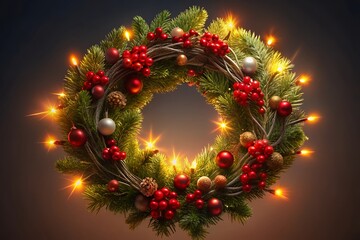 Festive christmas wreath adorned with red berries and twinkling lights