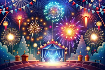 Vibrant fireworks display illuminates a festive carnival scene