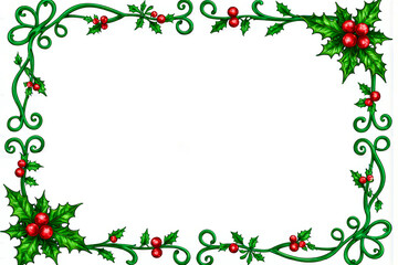 Fototapeta premium Decorative christmas holly border with red berries and green leaves