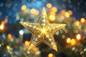 Illuminated golden star decoration with blurry festive lights background