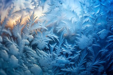 Intricate blue ice crystals forming on a window pane in winter