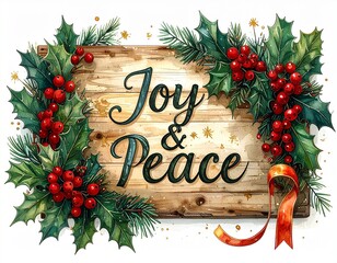 Festive Holiday Message with Joy and Peace on a Rustic Wooden Sign Adorned with Traditional Holly, Red Berries, and Evergreen Branches, Perfect for Seasonal Greetings and Celebrations