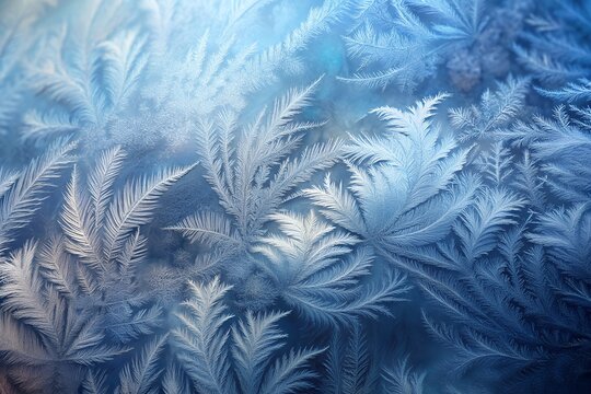Intricate frost patterns on a cold windowpane in blue tones
