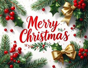 Festive Merry Christmas Greeting with Ornaments and Decorations on a White Background