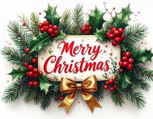 A beautifully illustrated Merry Christmas greeting sign framed by festive pine branches, red holly berries, and a large golden bow