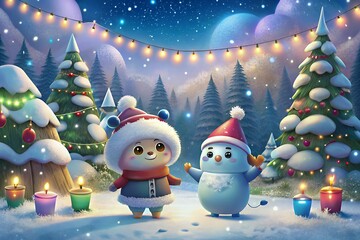Adorable winter characters celebrate a snowy christmas eve outdoors
