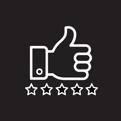 Obraz premium Customer Satisfaction Icon. White thumbs-up hand with a five-star rating on a black background for positive feedback, quality review, or service excellence.