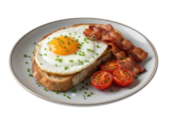 A Delicious Breakfast Plate Featuring a Fried Egg on Toast with Bacon and Cherry Tomatoes Topped with Fresh Chives and Sprinkled Herbs on a Grey Plate Isolated on a Transparent Background