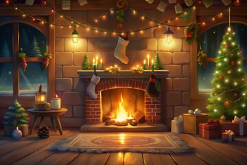Cozy christmas eve fireplace scene with glowing tree and warm lights
