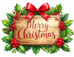 Merry Christmas greeting on a rustic wooden sign with watercolor holly, berries, and a festive red bow