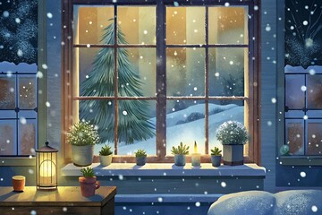 Cozy winter window scene with snow falling and warm lights