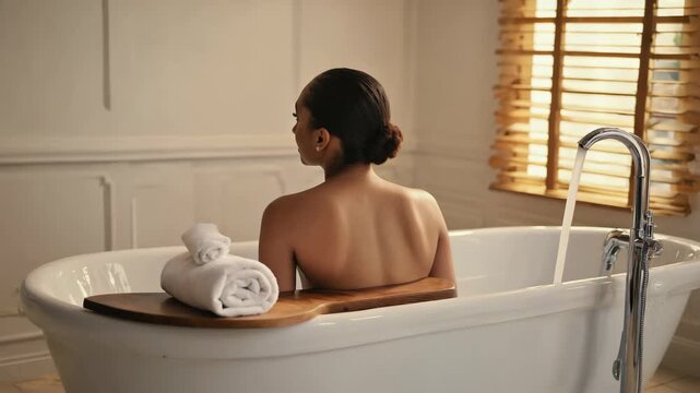 Elegant adult asian woman waiting for her luxury bathtub to fill with warm water for a relaxing soak. Tranquil self care and wellness routine for a pampering spa day at home