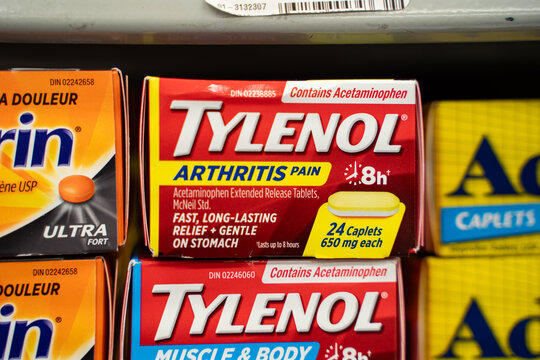 Close up of Tylenol arthritis pain relief box on store shelf. Toronto, Canada - November 26, 2025.