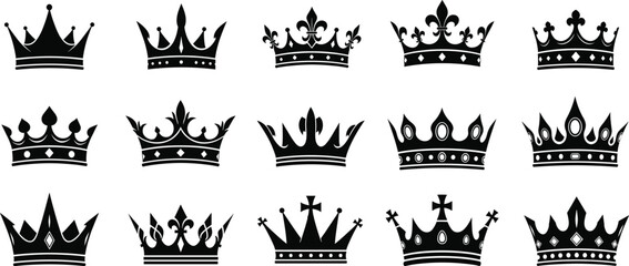 Obraz premium A comprehensive vector collection featuring various regal black crown silhouettes, symbolizing monarchy, royalty, power, and classic heraldry design for graphic elements and logos.