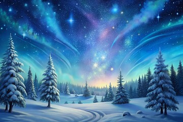 Magical winter night sky with aurora borealis over snow covered trees