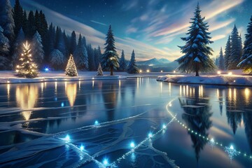 Enchanting winter night scene with illuminated trees and frozen lake