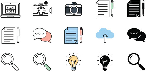 Collection of digital icons representing content creation, communication, and ideas.