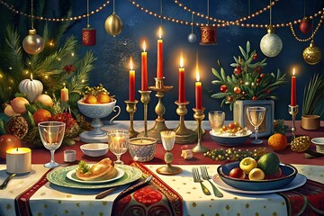 Elegant christmas dinner table setting with festive decorations and lit candles