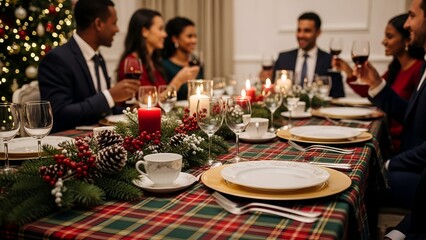 Festive dinner scene Friends/family toast at a Christmas table, garland, candles, and wine