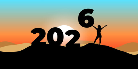 Vector illustration of woman standing with 2026 and holding 6 in hand showing the concept of 2026 start