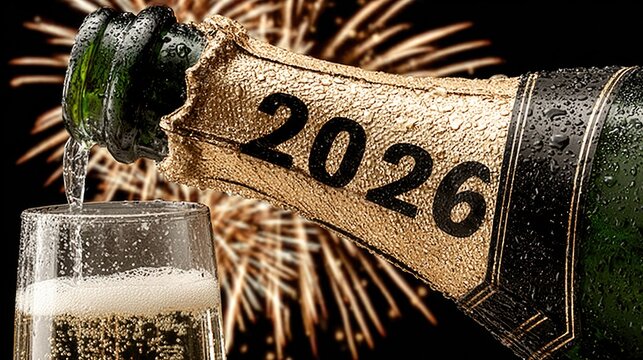 Champagne bottle popping and pouring into glass for New Year 2026  