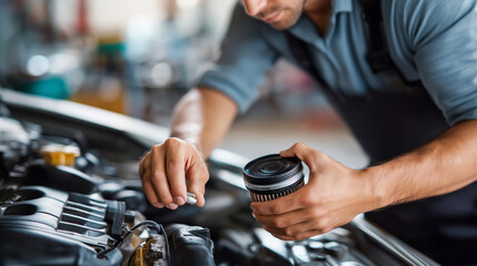 Air filter replacement, engine bay service, automotive maintenance procedure, mechanic installing component, professional care moment, garage repair task, faceless worker hands, de