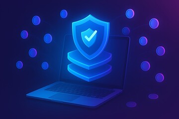 Cybersecurity Shield Protecting Laptop in Digital Network