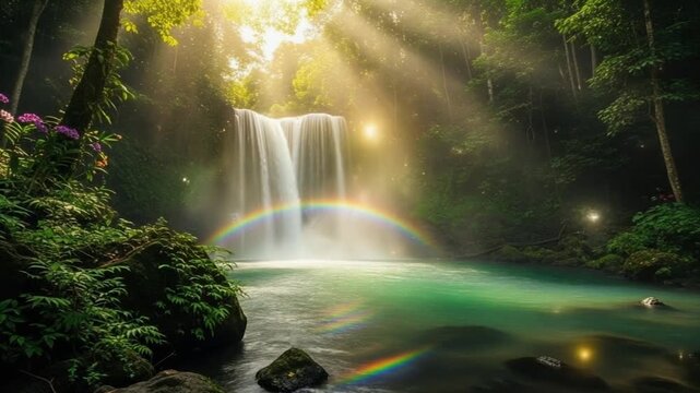 光芒と虹が輝く熱帯雨林の神秘的な滝