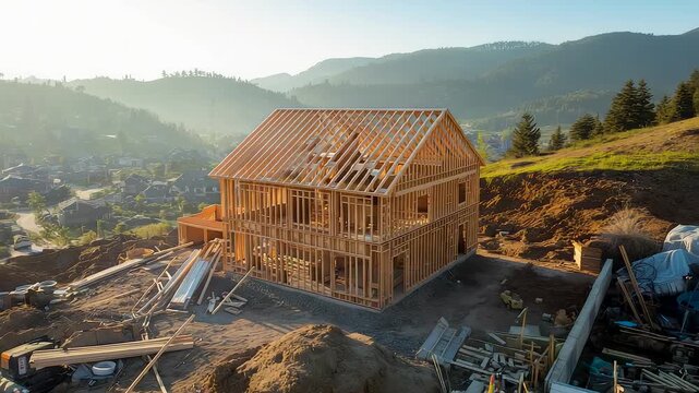 Wooden house framing on a hilltop construction site with mountain views, scattered building materials and warm sunrise light across the landscape