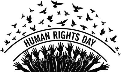 Human Rights Day banner featuring silhouette of raised hands and flying doves, vector illustration for international freedom, equality, and peace celebration.