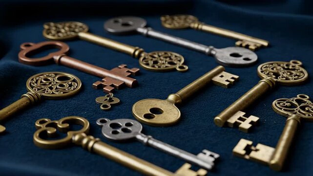 Assortment of Antique Keys in Gold Silver and Bronze Tones on Dark Blue Velvet Fabric with Ornate Designs Details Metal Texture and Rich Color Palette