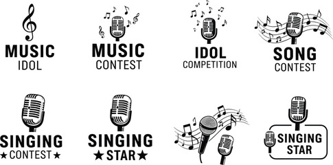 Set of singing competition logos, vintage microphone icons with music notes, vector badges for karaoke contest, talent show, and musical performance event.
