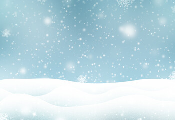 Winter christmas snow background with gentle snowfall over festive landscape. Cold season holiday design for cards, postcards, marketing, social media posts, and web banners.