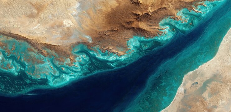 Azure Waters and Desert Sands: An aerial perspective reveals the captivating meeting of vibrant turquoise waters and vast desert sands, showcasing the stunning contrast of the natural world.