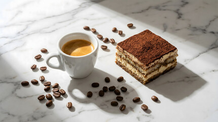 Espresso with classic tiramisu and coffee beans on a bright marble table.