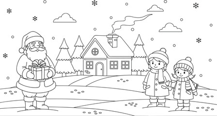 Santa Claus holding gift box with happy children near house, winter landscape coloring page, vector outline illustration for Christmas holiday activity.